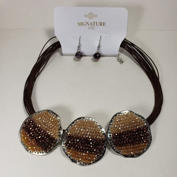 Signature NYC, Multi layers Brown Cord 3 Beaded Big Silver discs, & Earrings set - Picture 3 of 9